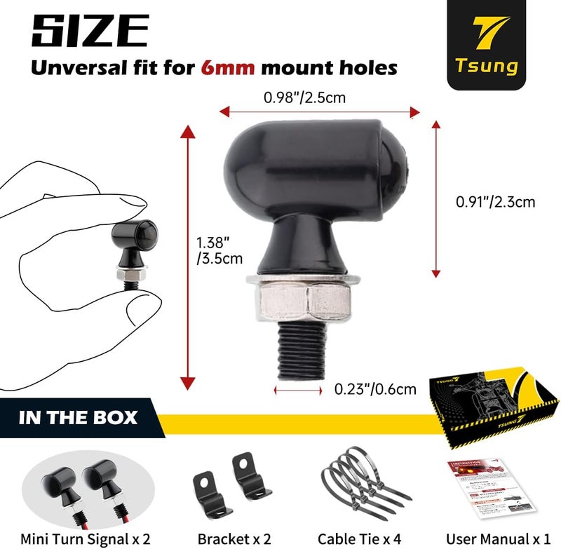 TSUNG Mini Motorcycle Turn Signals Light LED Micro Blinkers for Front/Rear Universal Aftermarket Small Indicator for Cafe Racer Bobber Cruiser Street Bikes (Black-Smoke Lens) - Image 2